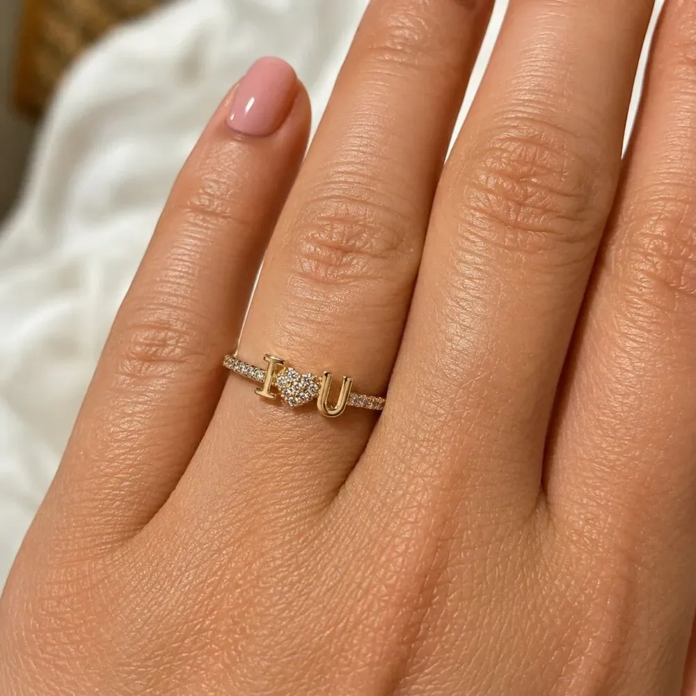 Gold Tone I Love You Heart CZ Ring Size 8, Cubic Zirconia Promise Ring